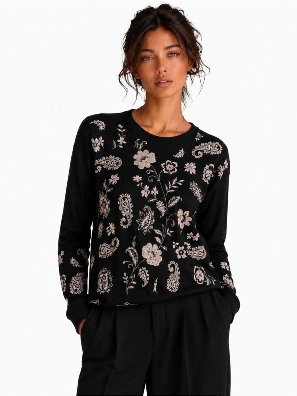 New🌺$198JohnnyWas Daniela Patchwork Thermal Black Embroidered Floral Top M